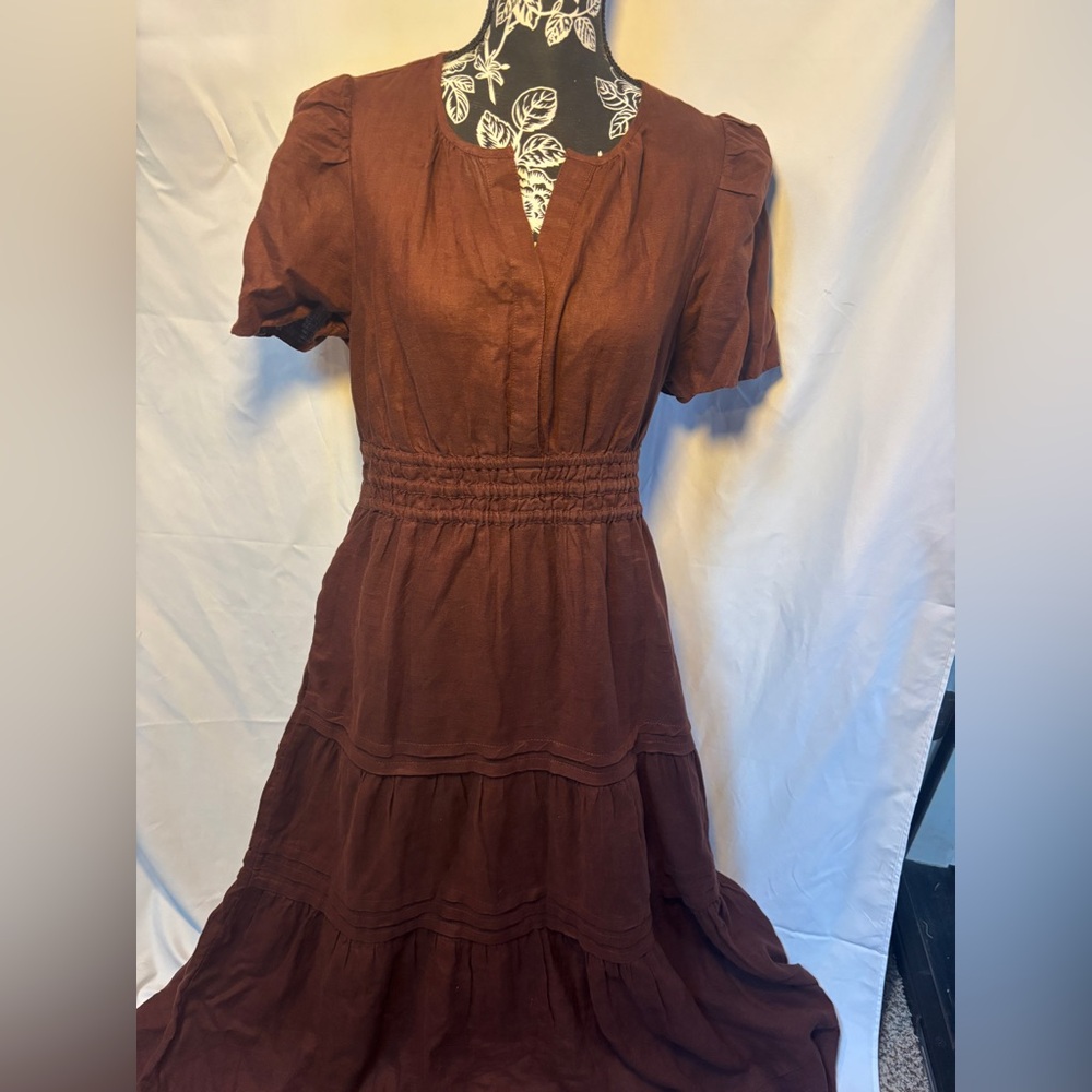 Quince 100% European Linen Tiered Maxi Dress Chocolate Rust - Picture 4 of 10